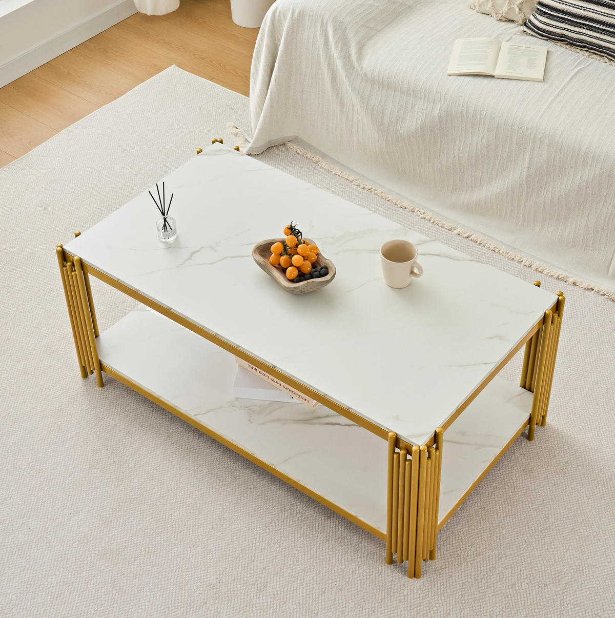 COUCHTISCH 114/64/46 cm in Gold und Weiß aus MDF und Metall mit 2 Ablagen - Weiß, Holzwerkstoff (114/64/46cm) - OKMYHOME