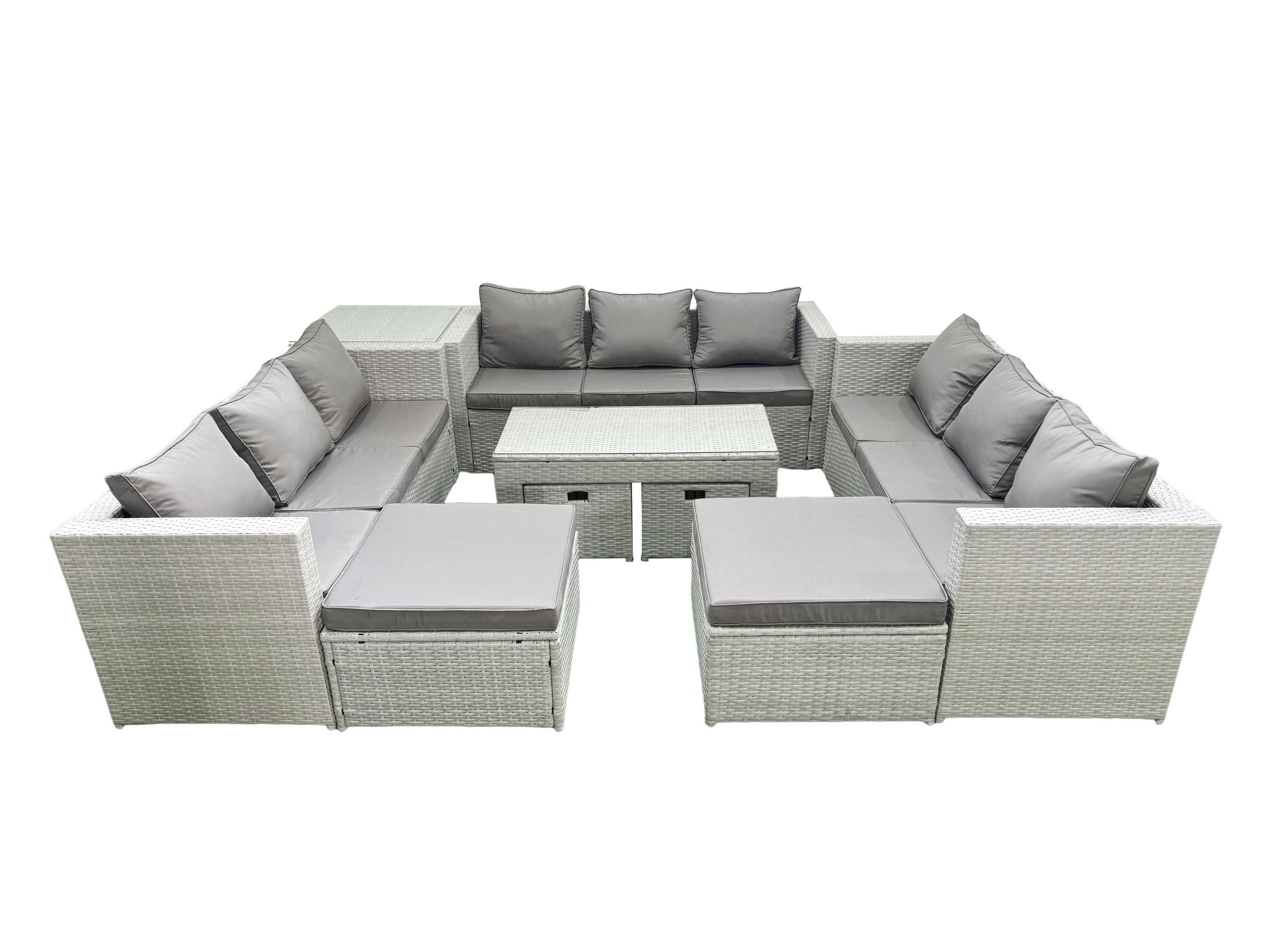 BALKONMÖBEL-SET Polyrattan Hellgrau-Mix 13-teilig - Hellgrau/Grau, Glas/Kunststoff - Fimous