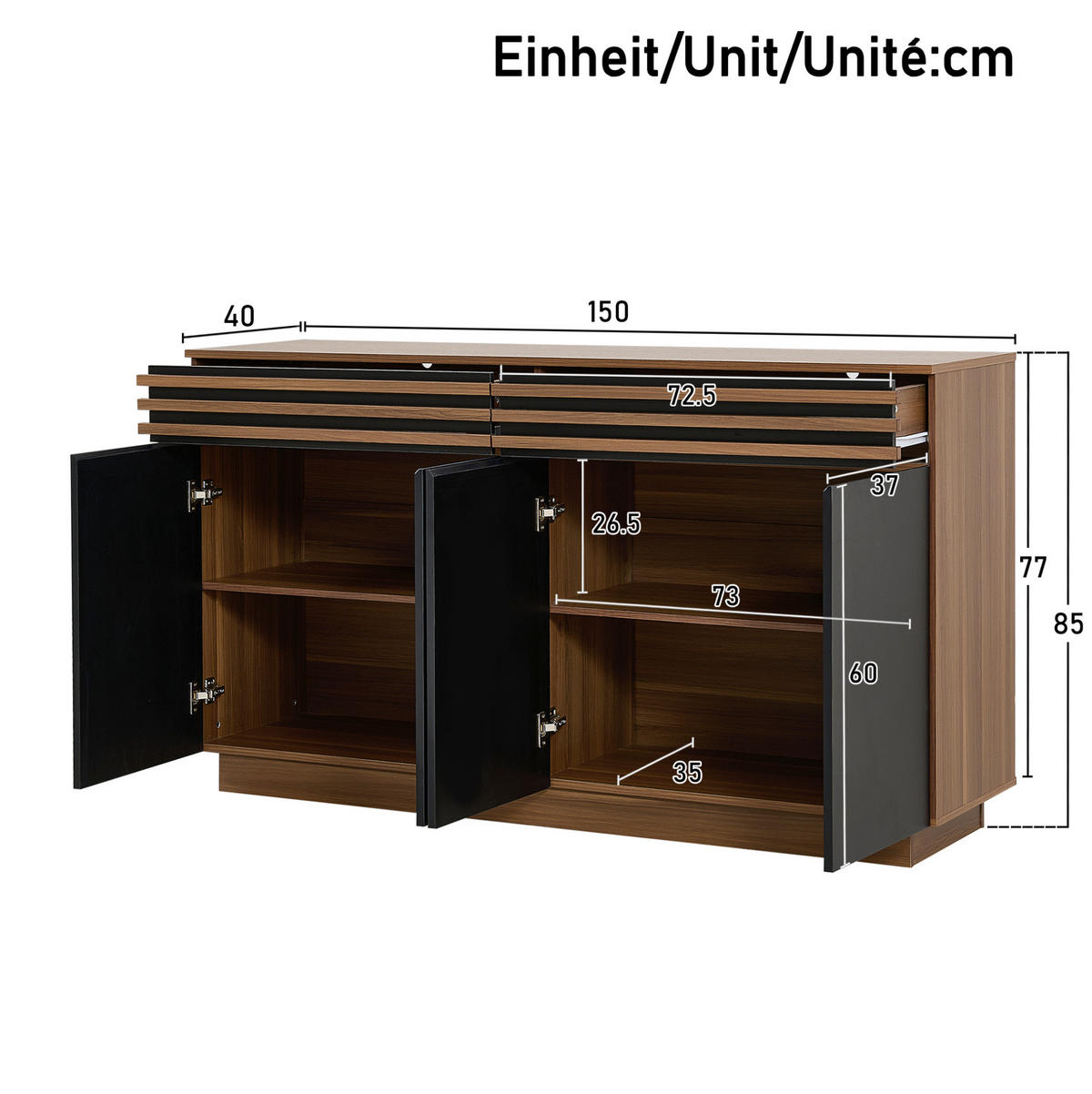 SIDEBOARD 150/40/85 cm Schwarz/Braun aus MDF mit viel Stauraum - Schwarz, Holzwerkstoff (40/85/150cm) - OKWISH