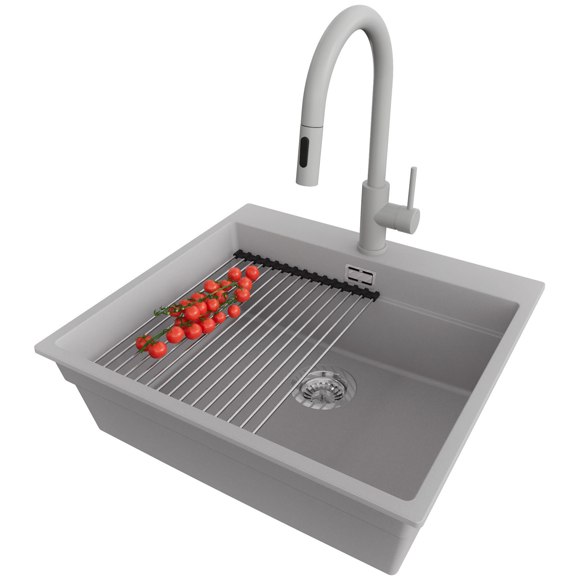 GRANITSPÜLE Oslo Max, 2-er set Grau 58/53 cm 1 Becken + Küchenarmatur 40/20 cm + Ablauf-Set + Aufrollbare Abtropffläche ab 60er Unterschrank - Chromfarben/Grau, Kunststoff (58/20/53cm) - Primagran