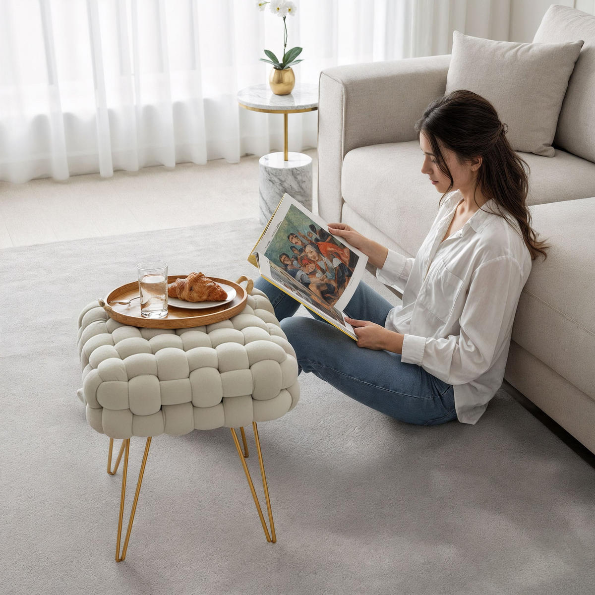 POLSTERHOCKER mit Stahlbeinen Creme 38/42/38 - Creme, Textil (38/42/38cm) - RAUMHIRSCH FURNITURE