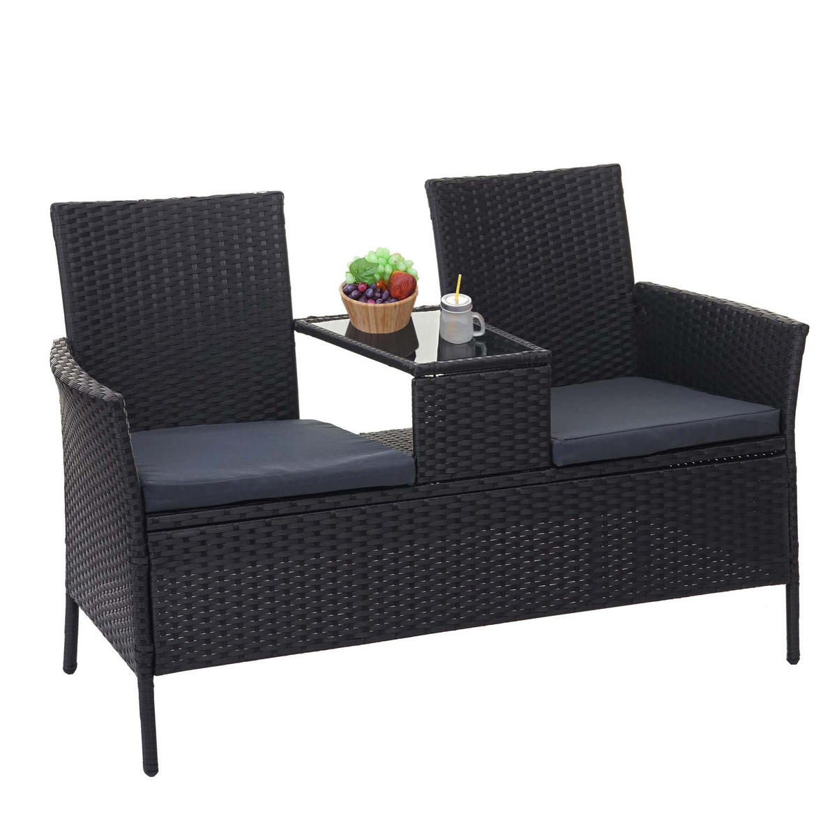 POLY-RATTAN SITZBANK MIT TISCH Schwarz, Grau - Schwarz/Grau, Kunststoff (132/84/55cm) - MCW