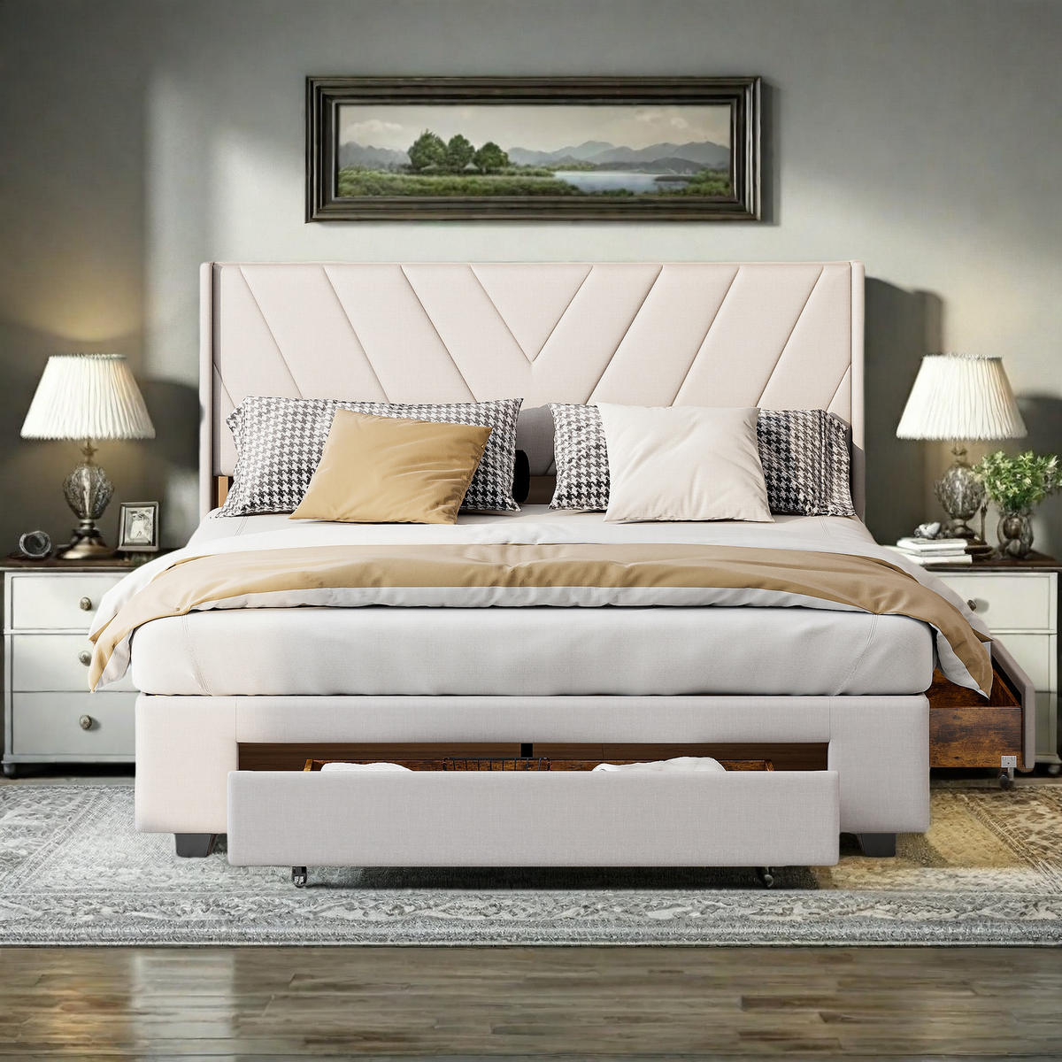 POLSTERBETT 140x200 cm Beige Stoff 3 Schubladen Stauraum - Beige, Holz (140/200cm) - SHOPENTRA
