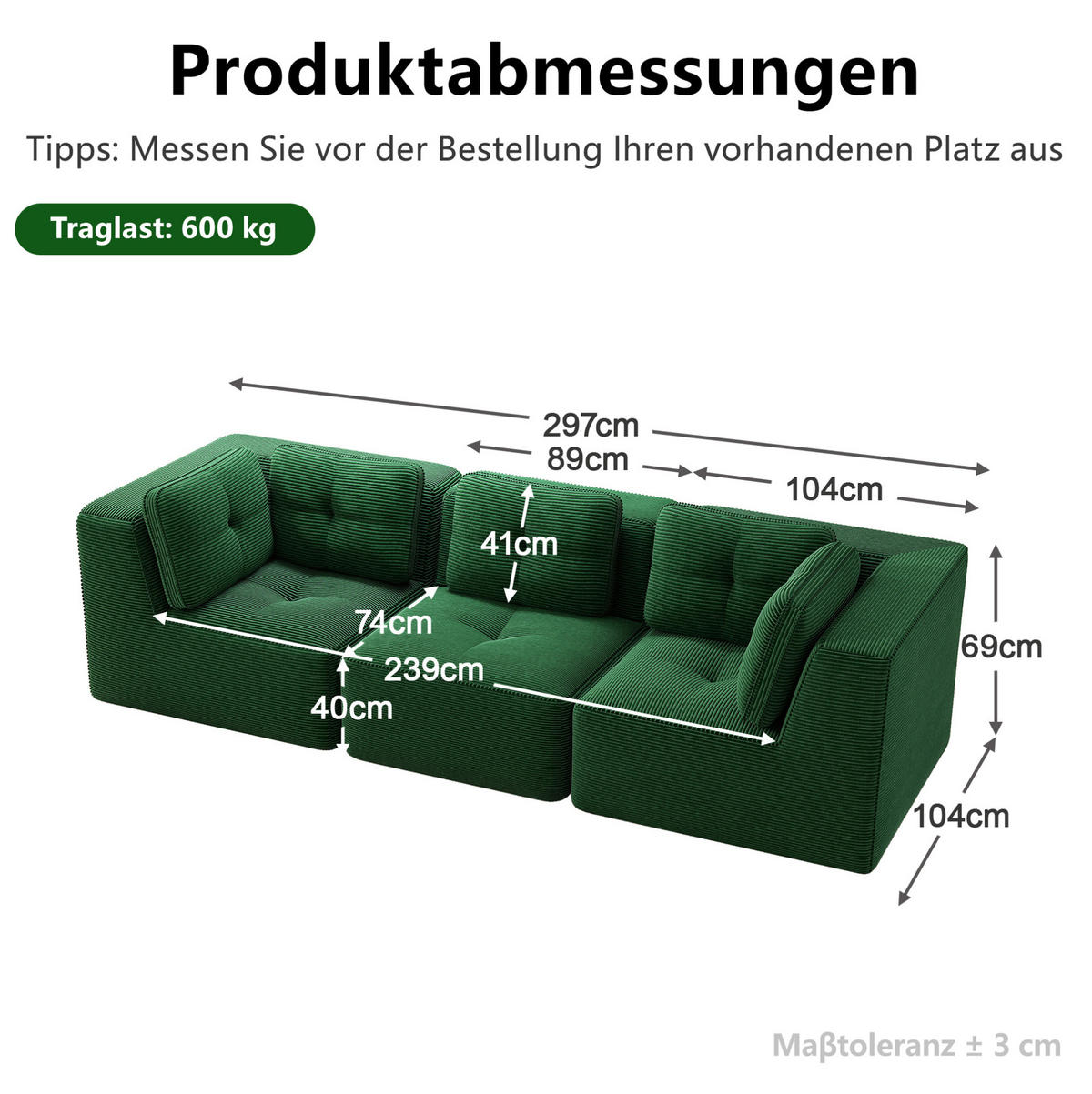 SOFA 297/104/69 cm in Grün aus Cord mit tiefem Sitzkomfort - Grün, Textil (104/69/297cm) - Flora Grace