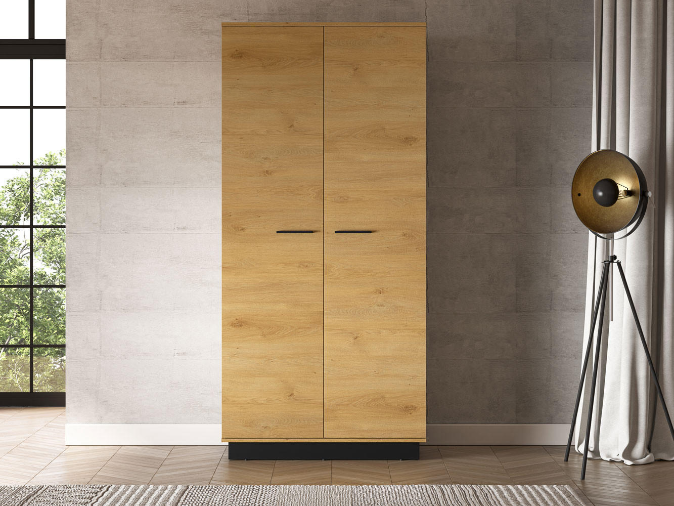 KLEIDERSCHRANK Modesto Eiche Style hell / Schwarz 92 / 55 / 196 cm - Hellbraun/Eichefarben, Holz/Holzwerkstoff (92/196/55cm) - Feldmann-Wohnen