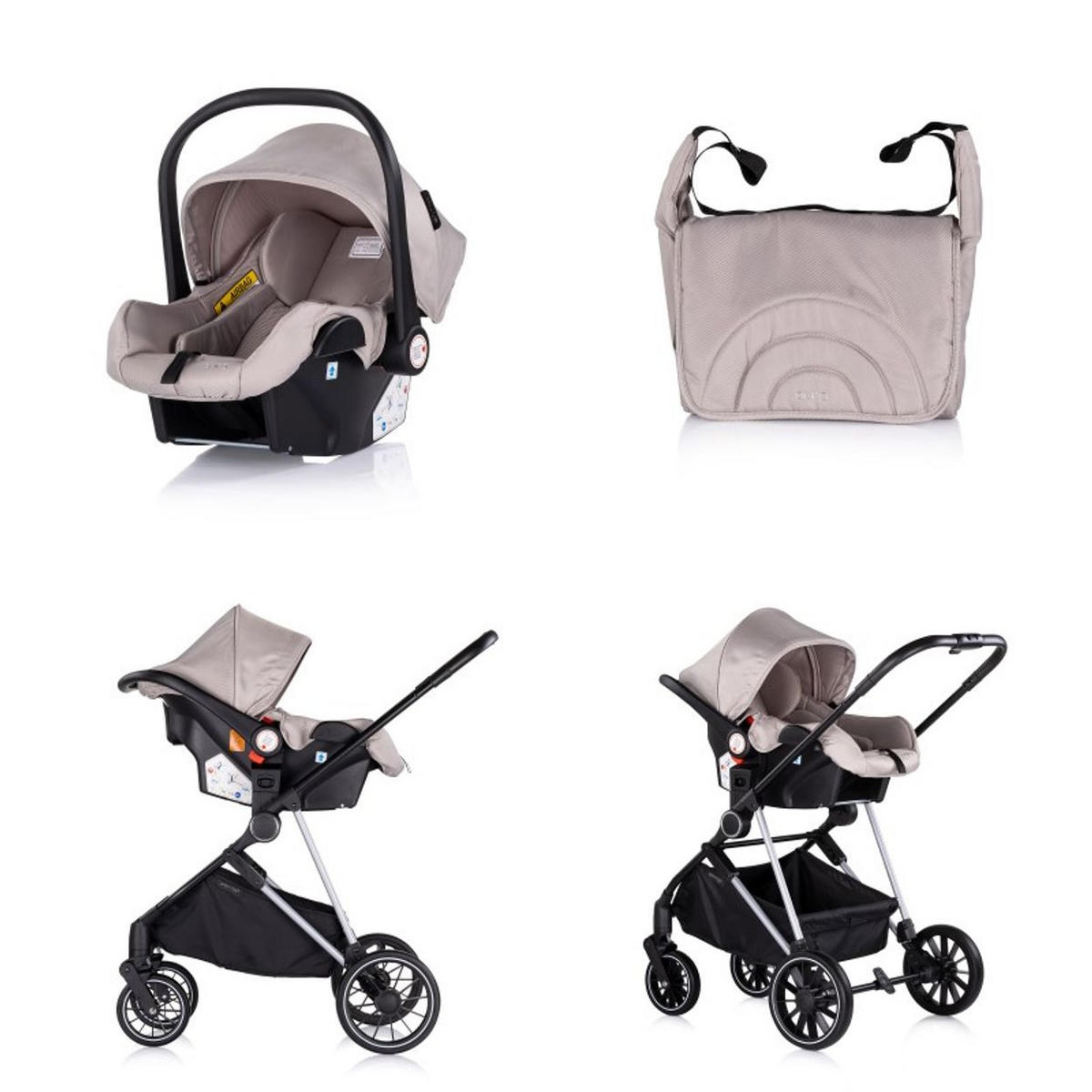 KOMBIKINDERWAGEN Aura 3 in 1 hellbraun Autositz, Babywanne, Wickeltasche, bis 22 kg - Braun, Metall (98/60/106cm) - Chipolino