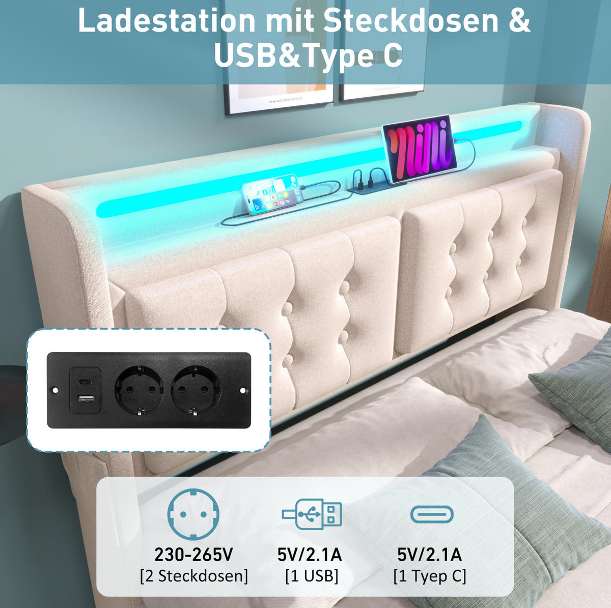 POLSTERBETT 160/200 cm Beige mit Bettkasten, LED-Beleuchtung und USB - Beige, Textil (160/200cm) - Flora Grace