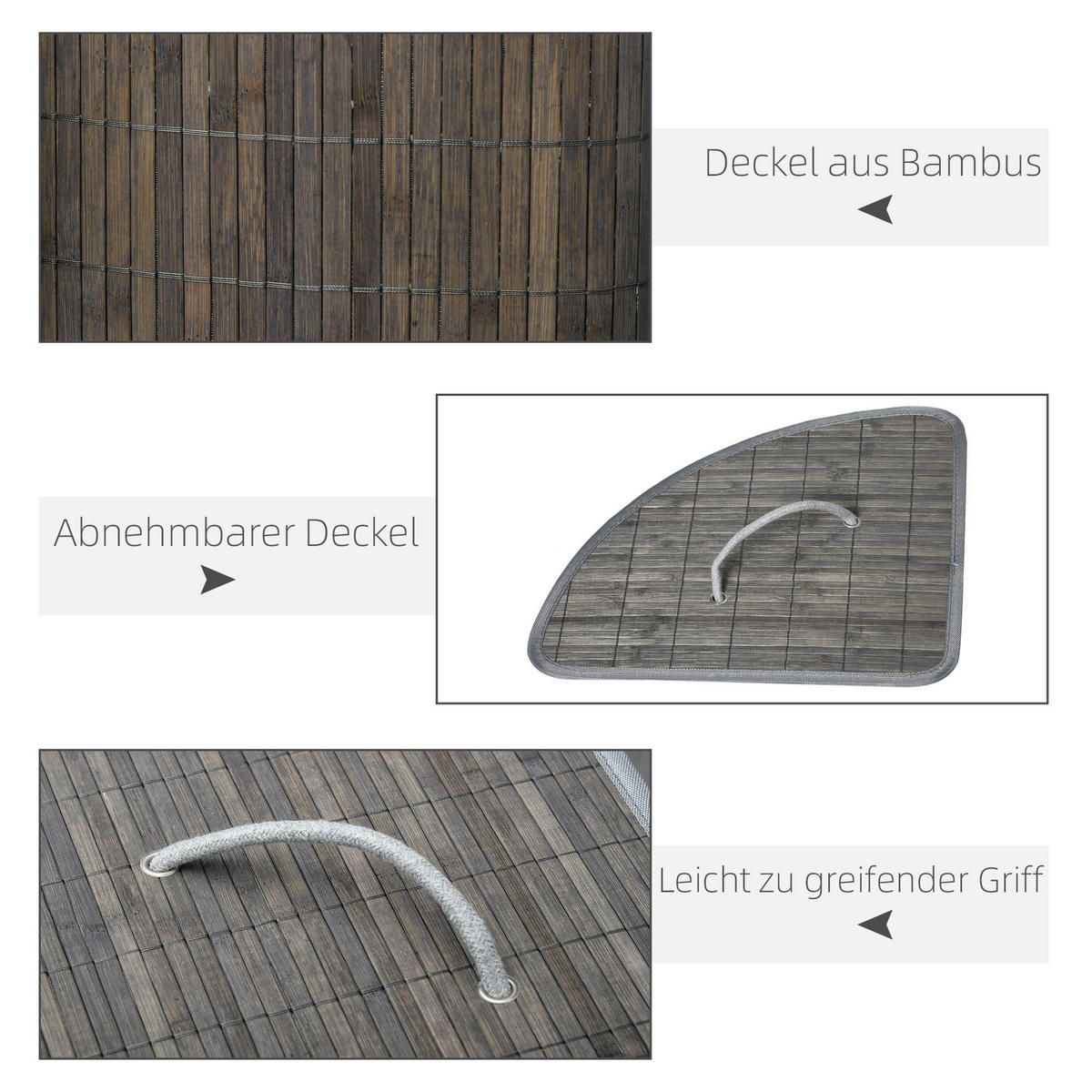 WÄSCHEKORB mit Deckel 55L, Bambus, Grau - Grau, Naturmaterialien (38/57/38cm) - HOMCOM