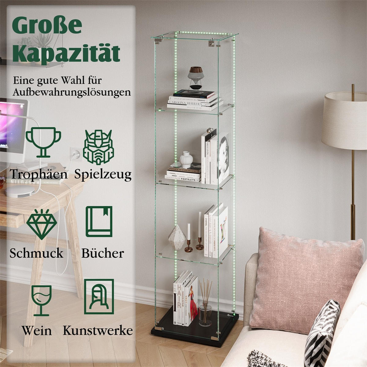 VITRINE - Glasvitrine mit 1 Tür und 4 Ebenen - integrierte LED-Streifen-Beleuchtung - Schwarz - Schwarz, Glas (39.8/163/35cm) - DELFA