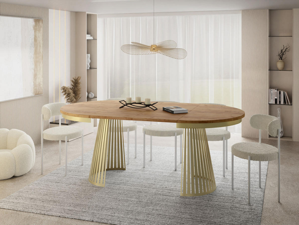 ESSTISCH Naro rund ausziehbar mit Goldem Lamellen-Metallgestell, Eiche Braun 100-180/100/76 cm - Eiche Wotan/Goldfarben, Holzwerkstoff/Metall (100/100/76cm) - WFL GROUP