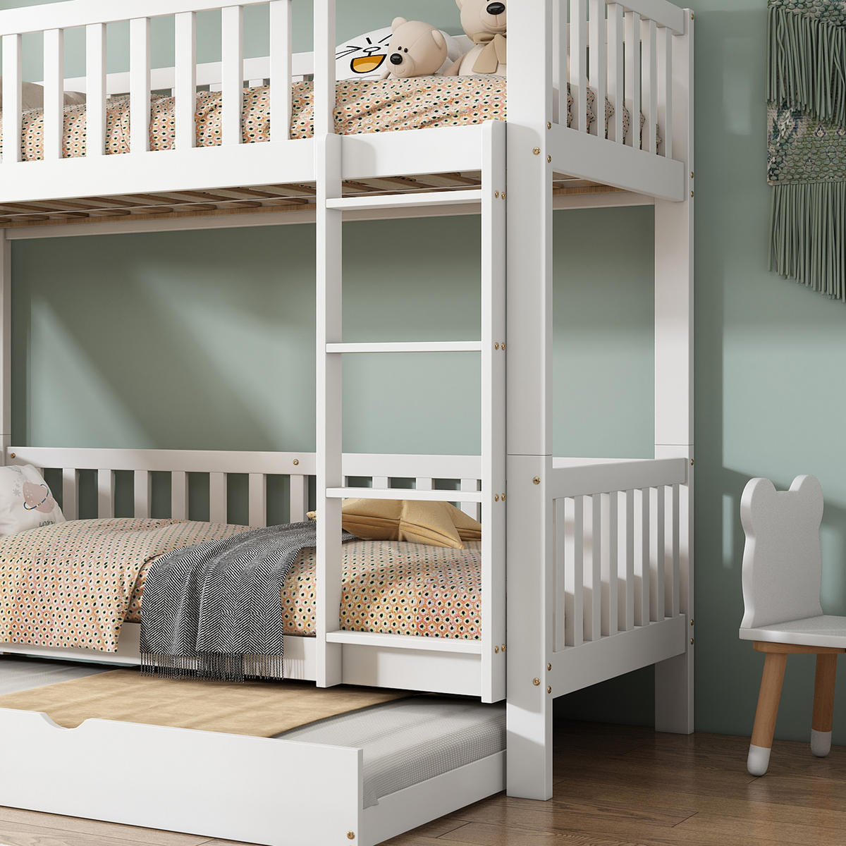 ETAGENBETT 90/200 und 90/190 cm Weiß mit Rutsche und Rollbett aus Kiefer und MDF - Weiß, Holzwerkstoff (90/200cm) - OKWISH