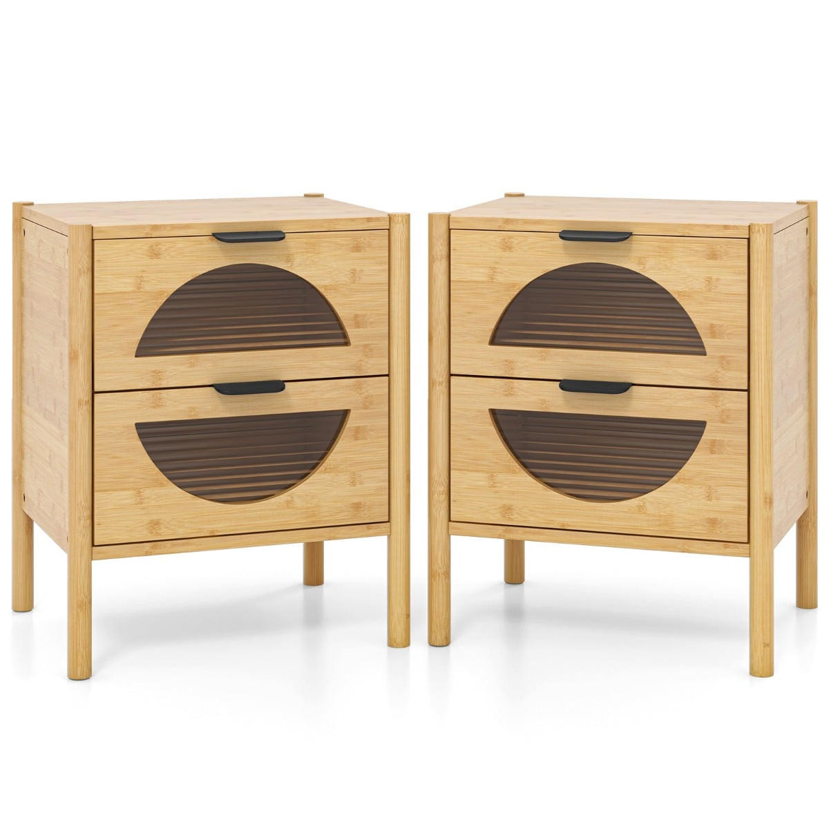 NACHTTISCH mit 2 Schubladen, geriffelte Glasfront, Metallgriff - Naturfarben, Naturmaterialien/Holzwerkstoff (45.7/56/40.6cm) - DESIGN IN