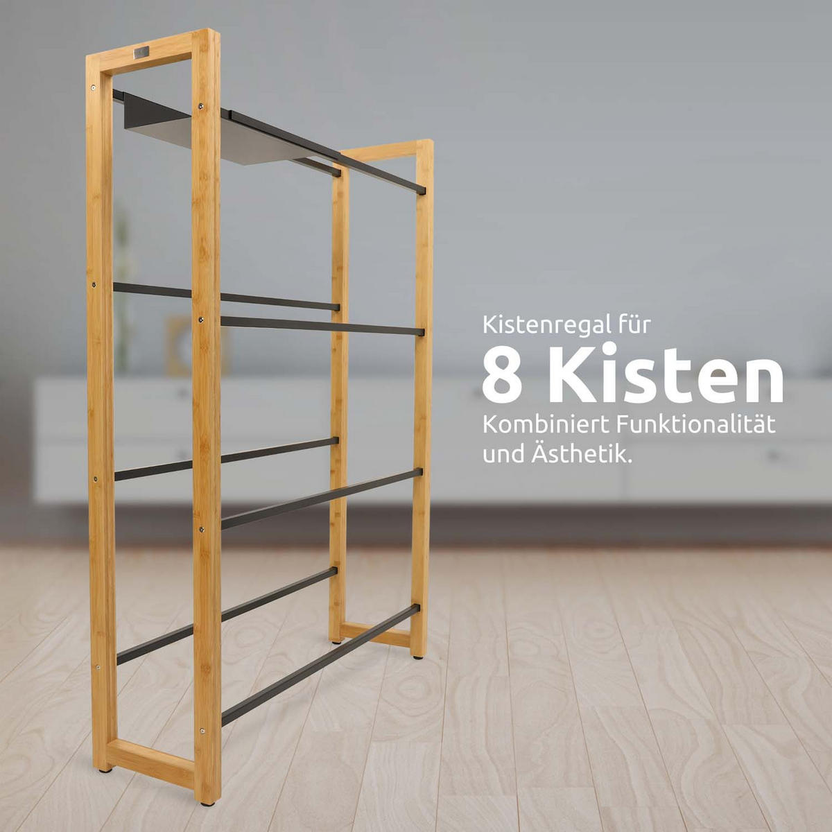 GETRÄNKEKISTENREGAL inkl. Ablage - Bambus / Schwarz - 8 Kisten - Naturfarben, Holz (112/153/32cm) - holz4home