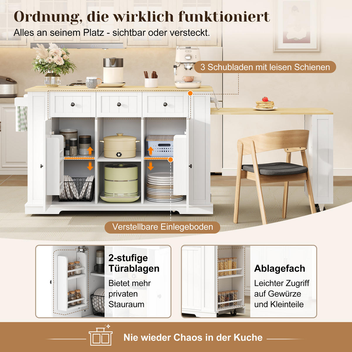 KÜCHENINSEL DE-41367 138-213/55/93 cm, ausziehbarer Esstisch Weiß - Weiß, Holzwerkstoff (138/93/55cm) - ComfortXL