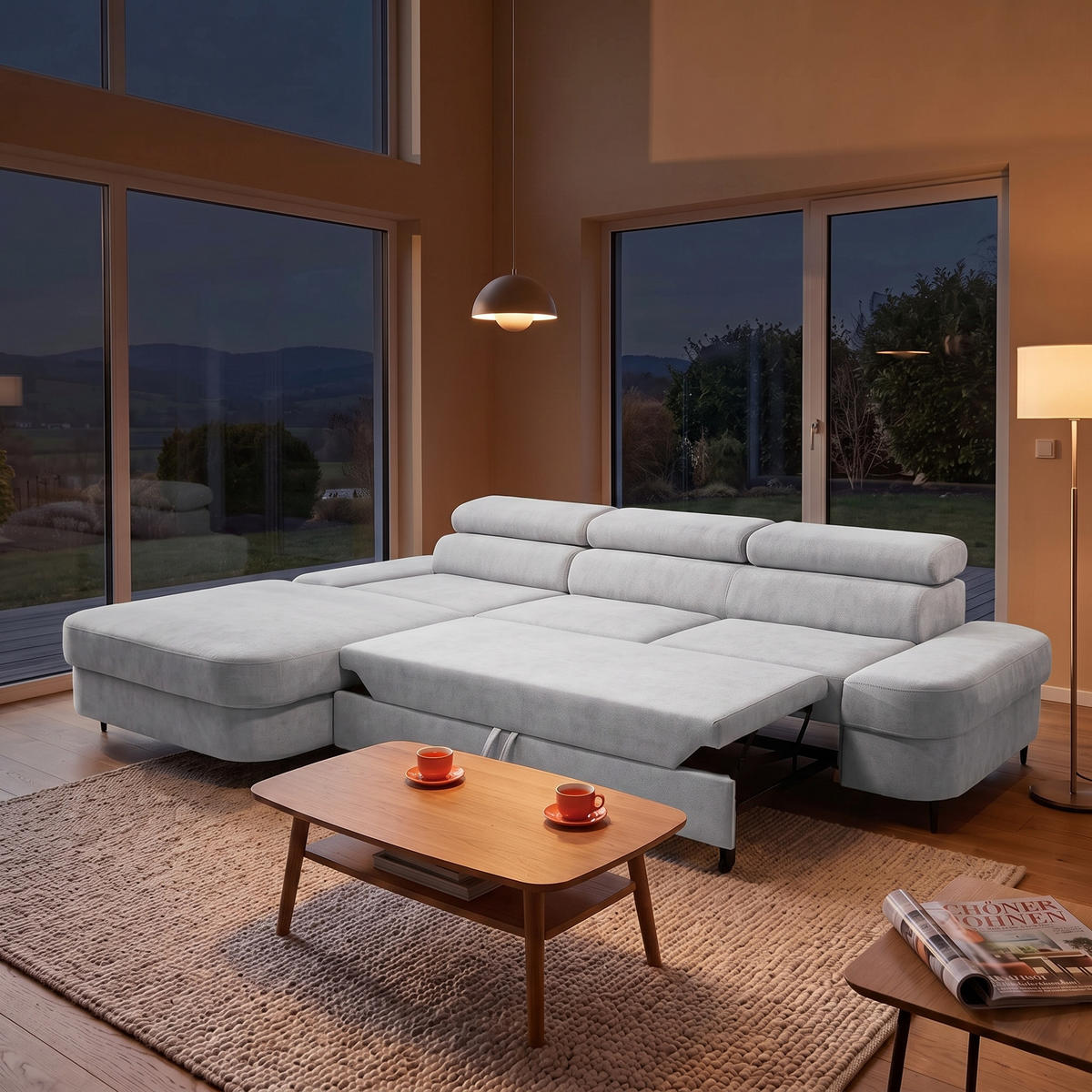 ECKSOFA JAZZ L Links mit Schlaffunktion 127x216 Velours Hellgrau - Hellgrau/Schwarz, Holz/Textil (285/237cm) - Muffo