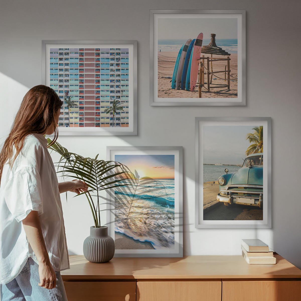 BILDER SET 4er Set - 50x50 cm & 40x60 cm Silberner Rahmen - Sonnenuntergang in Miami - Silberfarben, Kunststoff (50/50cm) - TULUP
