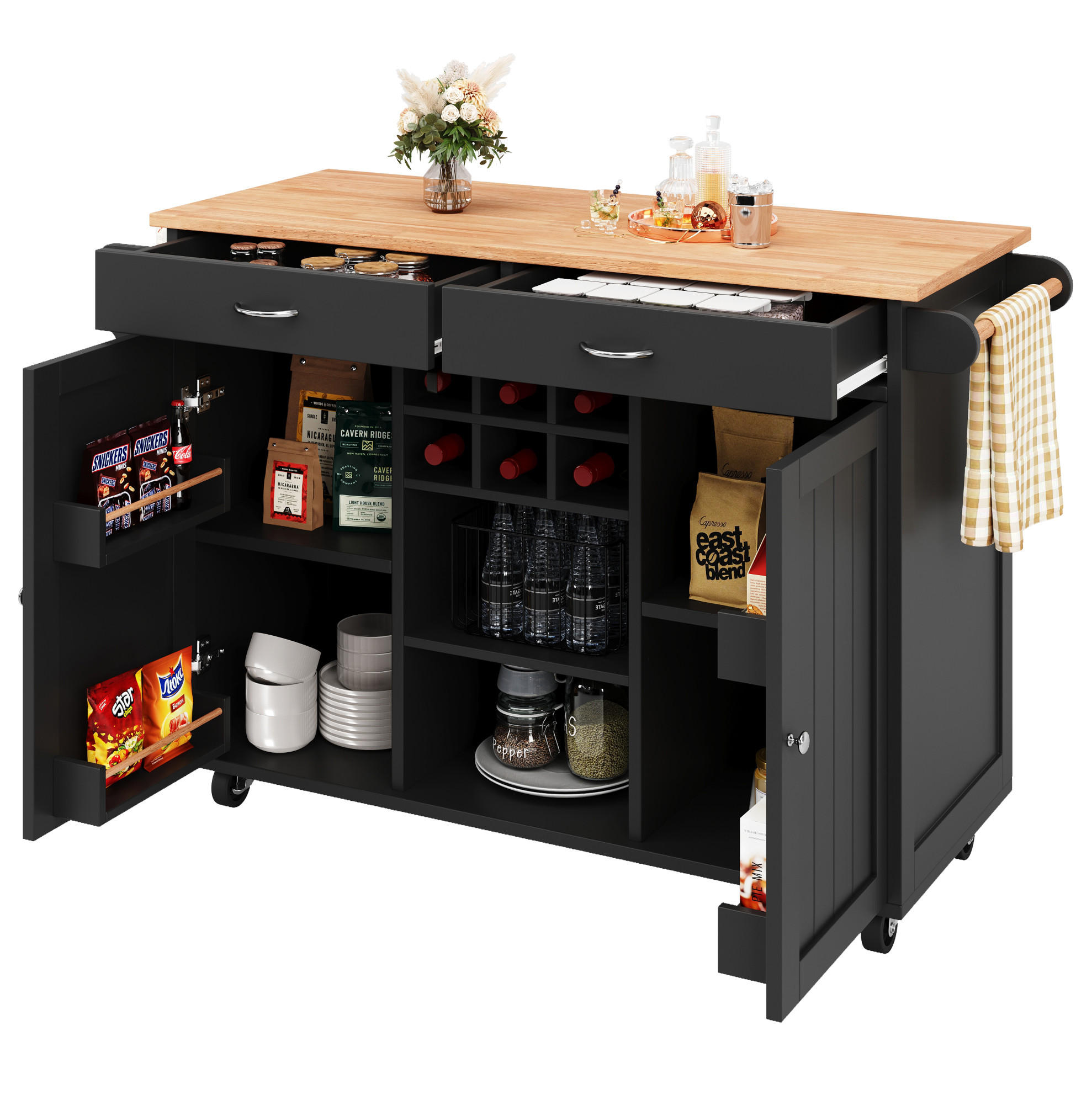 KÜCHENINSEL/SERVIERWAGEN aus MDF & Metall mit Ablagen und Rollen, 102/45/92 cm, Schwarz - Schwarz, Holzwerkstoff (102/92/45cm) - Redom