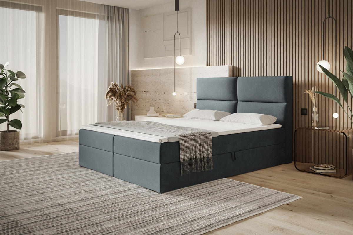 BOXBETT LIZBONA mit 2 Bettkästen, 160x200, Farbe: Dunkelgrau, Velourstoff, Doppelbett mit Bonell-Matratze - Dunkelgrau, Holz/Kunststoff (160/200cm) - Alpi-Möbel