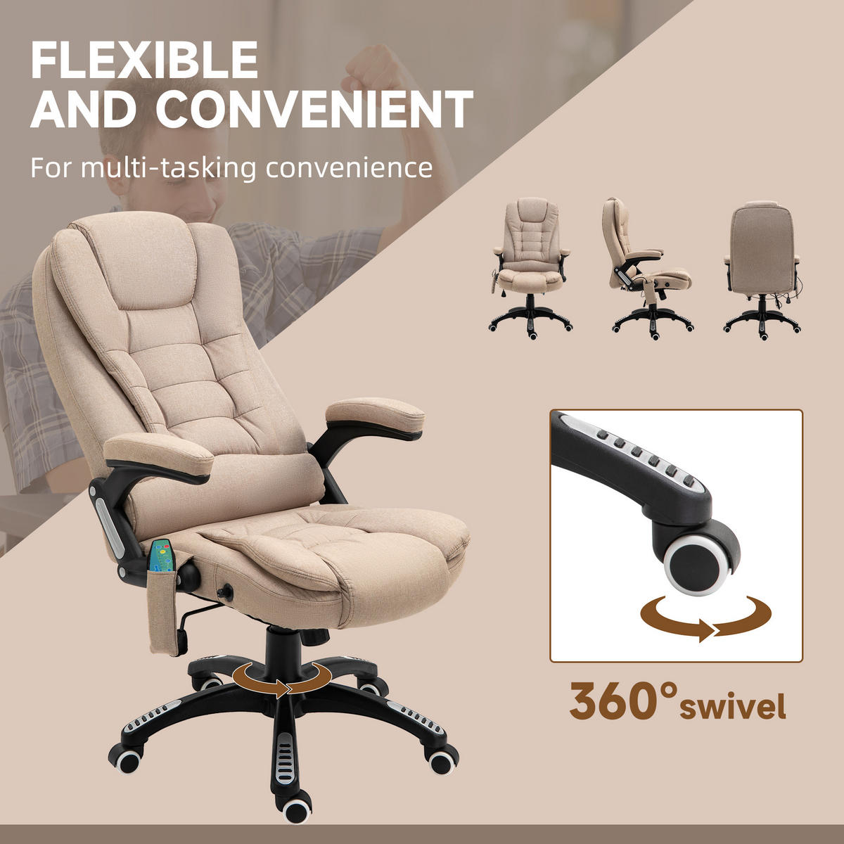 BÜROSTUHL mit Vibrationsmassage, Ergonomisch Schreibtischstuhl Höhenverstellbar - Schwarz/Braun, Kunststoff/Textil (74/116/67cm) - Vinsetto