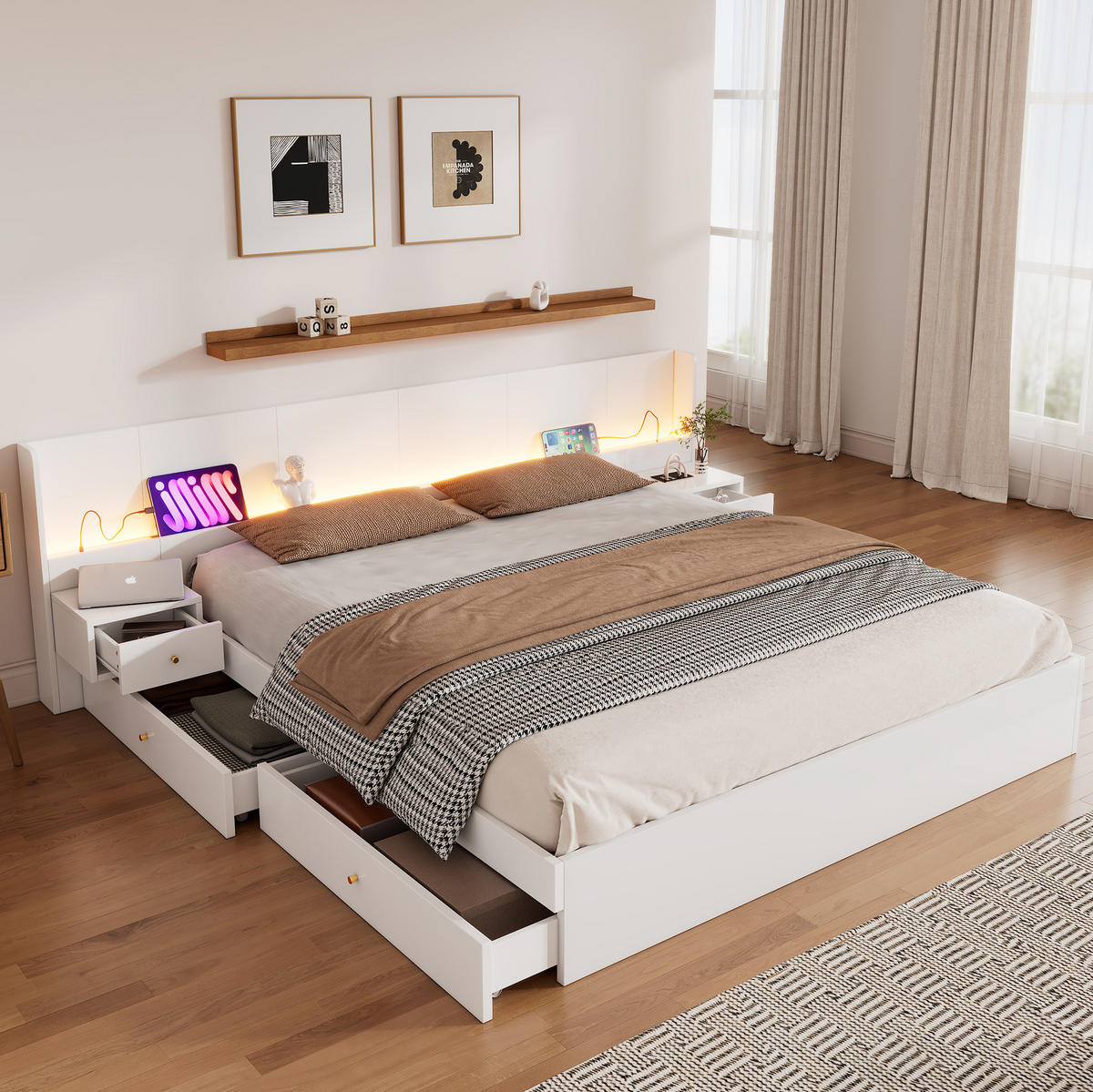 DOPPELBETT aus MDF 180x200 cm Weiß mit LED-Beleuchtung, USB-Anschlüssen, Steckdosen und Stauraum - Weiß, Holzwerkstoff (180/200cm) - IVMEU