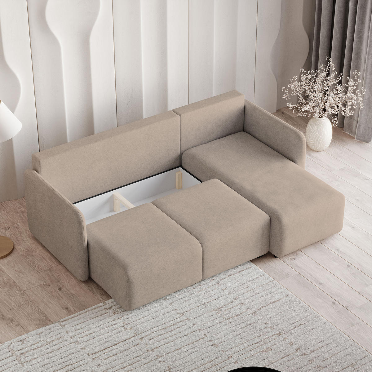 ECKSOFA SUVINO Beige Geflochtener Stoff mit Schlaffunktion - Beige, Holz (230/143cm) - MASSENO