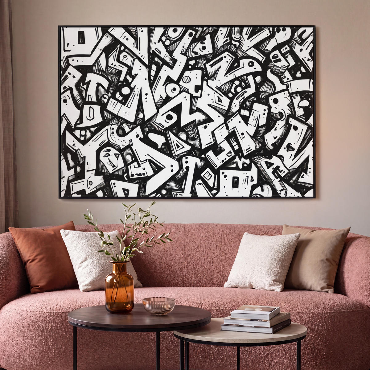 LEINWAND Bilder mit Rahmen - Formen - Buchstaben - Graffiti - Schwarz - 140x90 - Schwarz, Textil (140/90cm) - MuchoWow