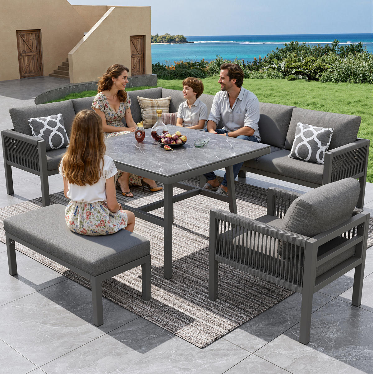GARTENLOUNGE-SET, Eisen mit Marmorglas-Tisch, modular für 8 Personen, 118/61/80 cm, Grau - Grau, Metall - Redom