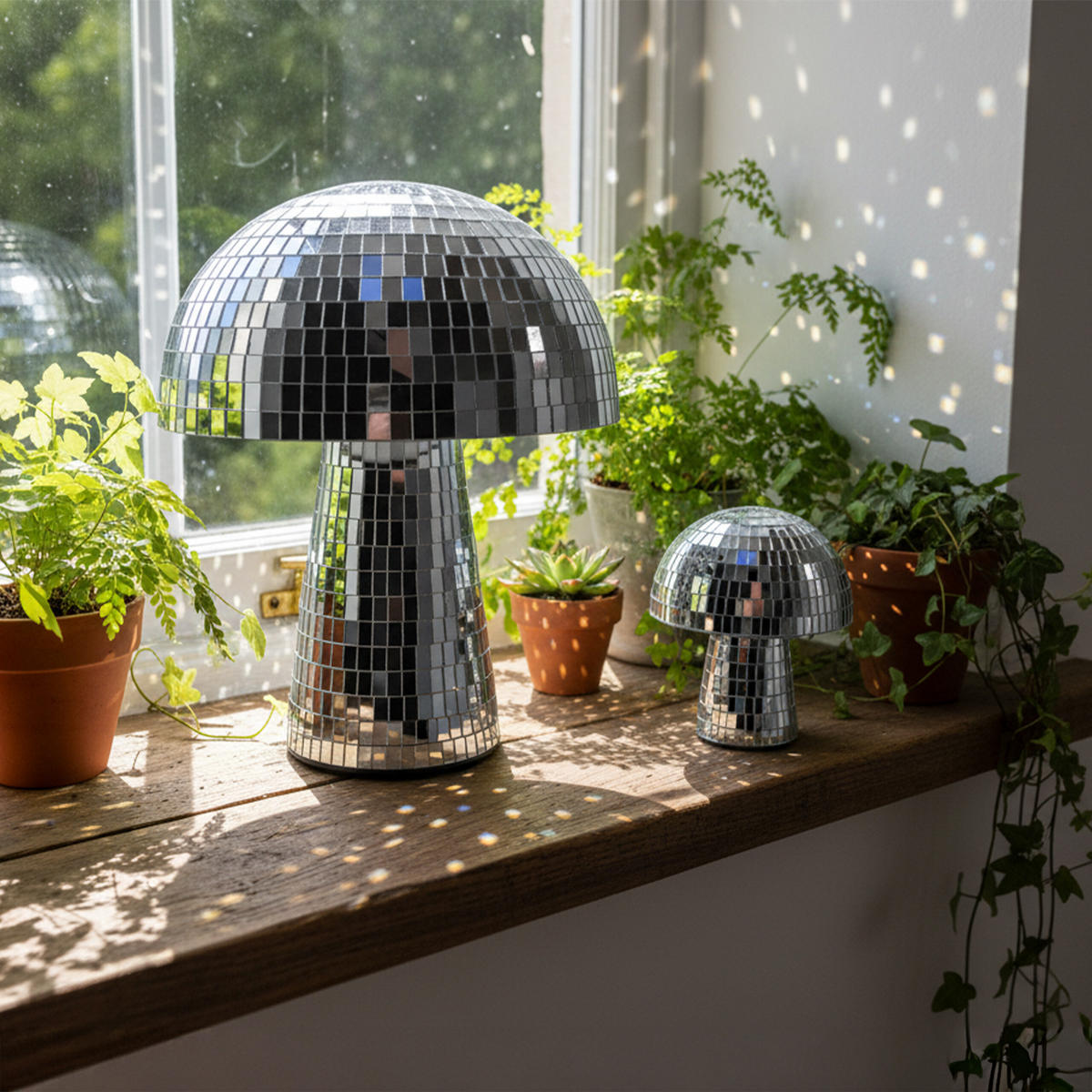 2TLG.DISCOPILZ-SET - Silberfarben, Glas/Textil (21/25/21cm) - Relaxdays