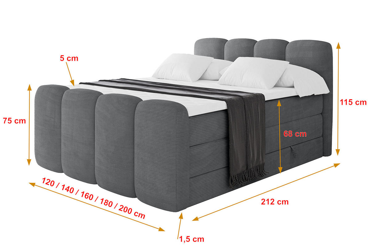 BOXBETT mit Matratze H3|H4 und Lattenrost - NINA-Z KING - 140x200 cm - Dunkelgrau - Taupe, Holzwerkstoff (140/200cm)