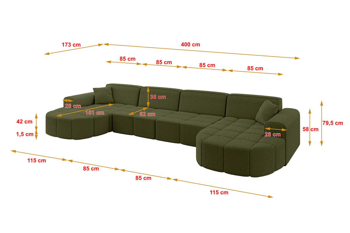 WOHNLANDSCHAFT LIVO-U2 - 400x173x79,5 cm Grün - Grün, Holzwerkstoff/Textil (400/79/173cm) - ALTDECOR