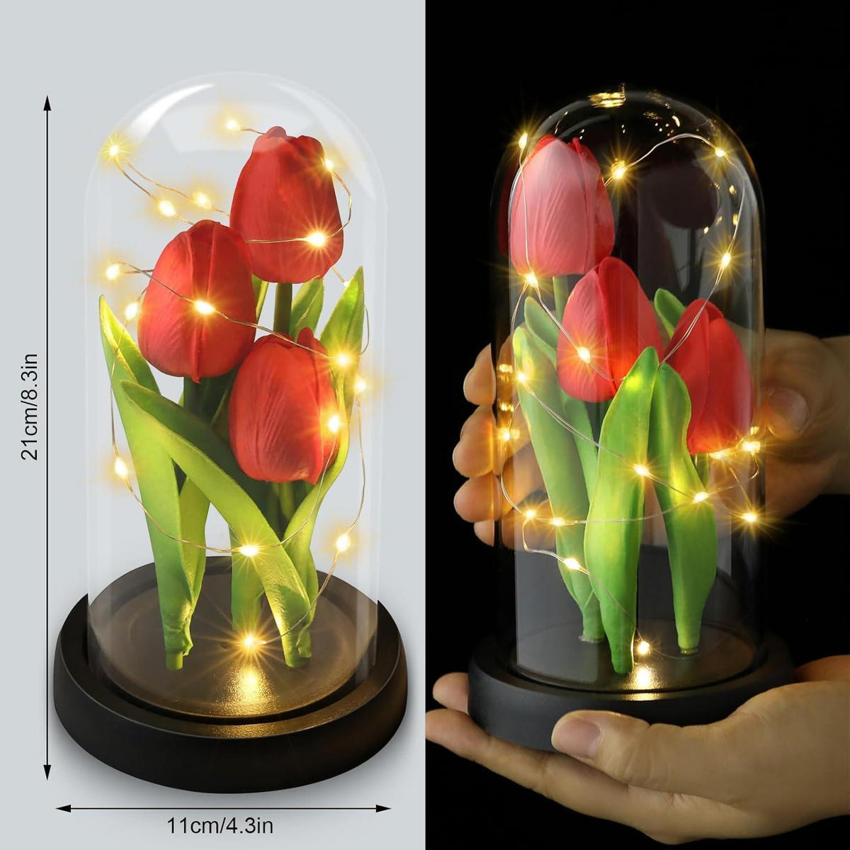 KÜNSTLICHE Tulpe in Glaskuppel mit LED-Licht - Rot, Glas (25cm)