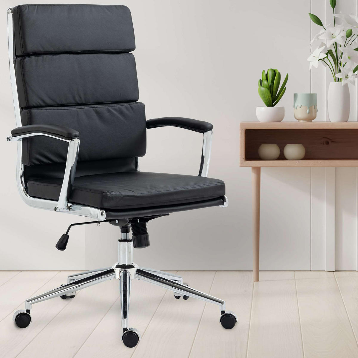 BÜROSTUHL Cyron Kunstleder schwarz - Chromfarben/Schwarz, Metall (61/115/65cm) - TPFLiving
