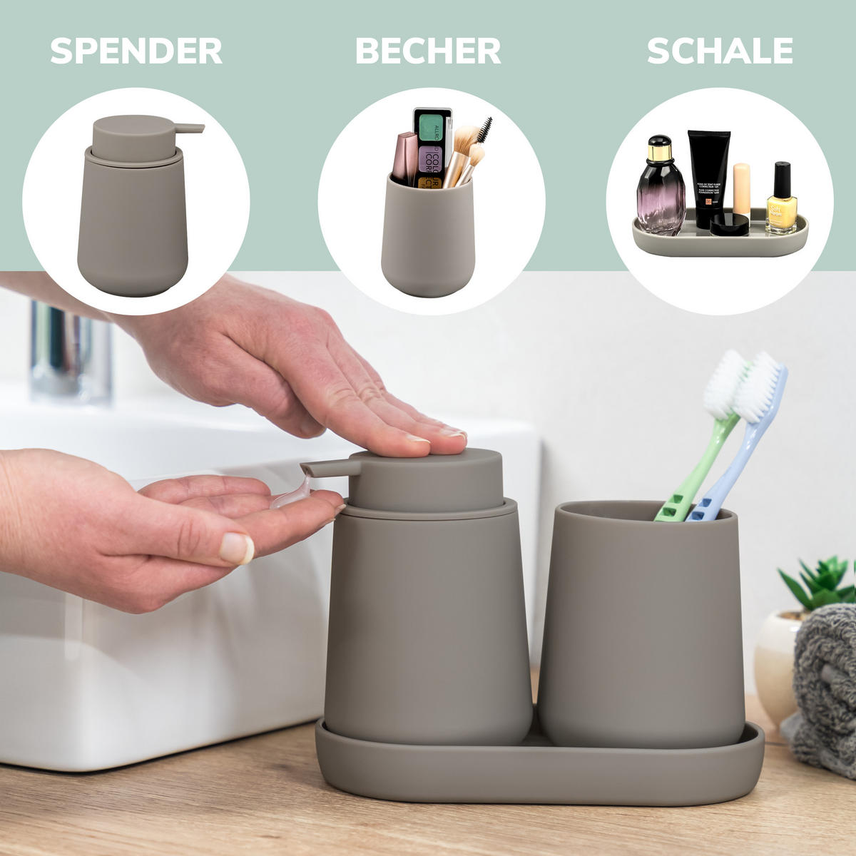 BAD-ACCESSOIRES-SET TESERO 3tlg., Soft-Touch, braun - Braun, Kunststoff (8.5/12/9cm) - eluno