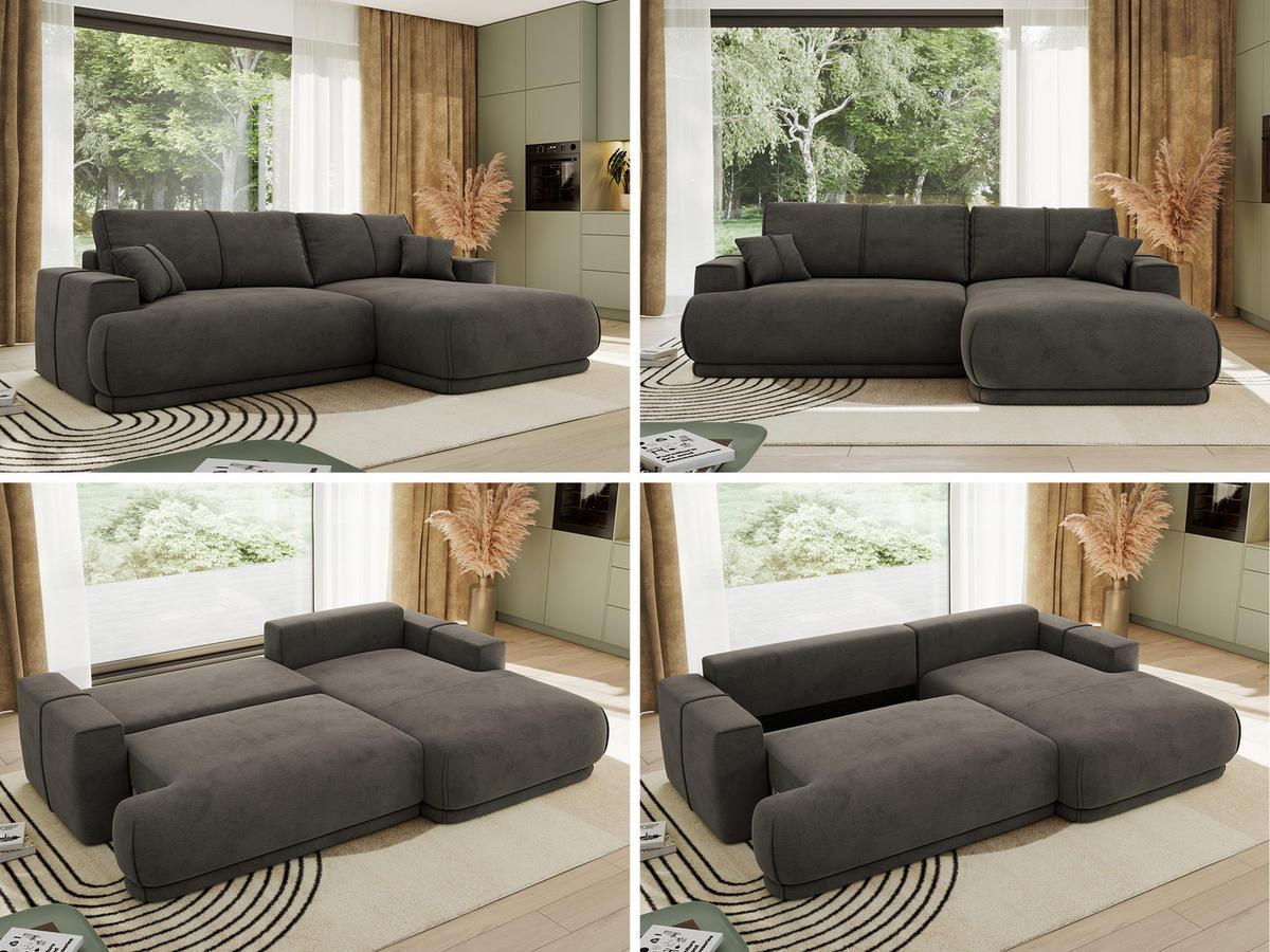 ECKSCHLAFSOFA RINA L Dunkelgrau Velvet - rechts - Dunkelgrau/Schwarz, Kunststoff/Textil (172/266cm) - MKS