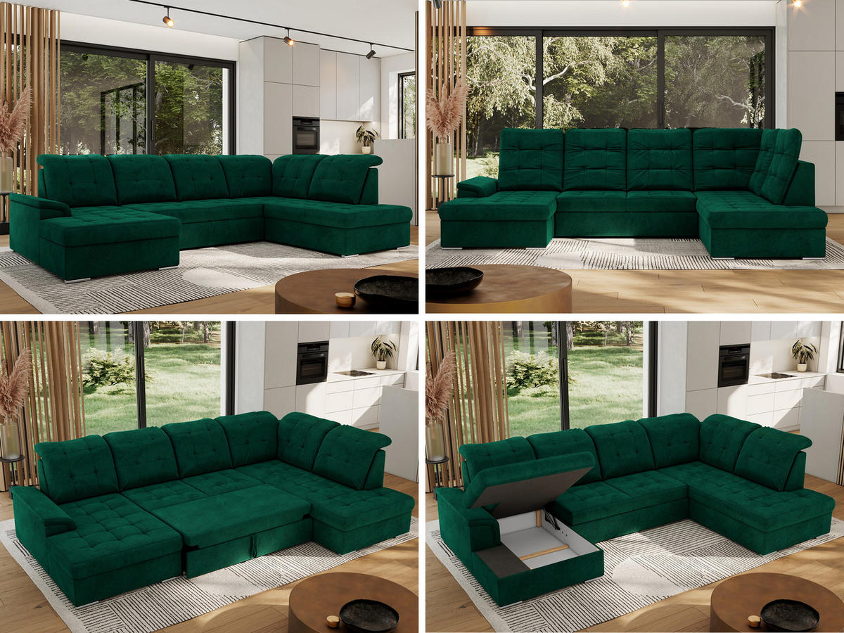WOHNLANDSCHAFT MADRITO U - DunkelGrün Velorus - Rechts - Dunkelgrün/Silberfarben, Textil/Metall (323/89/204cm) - MKS