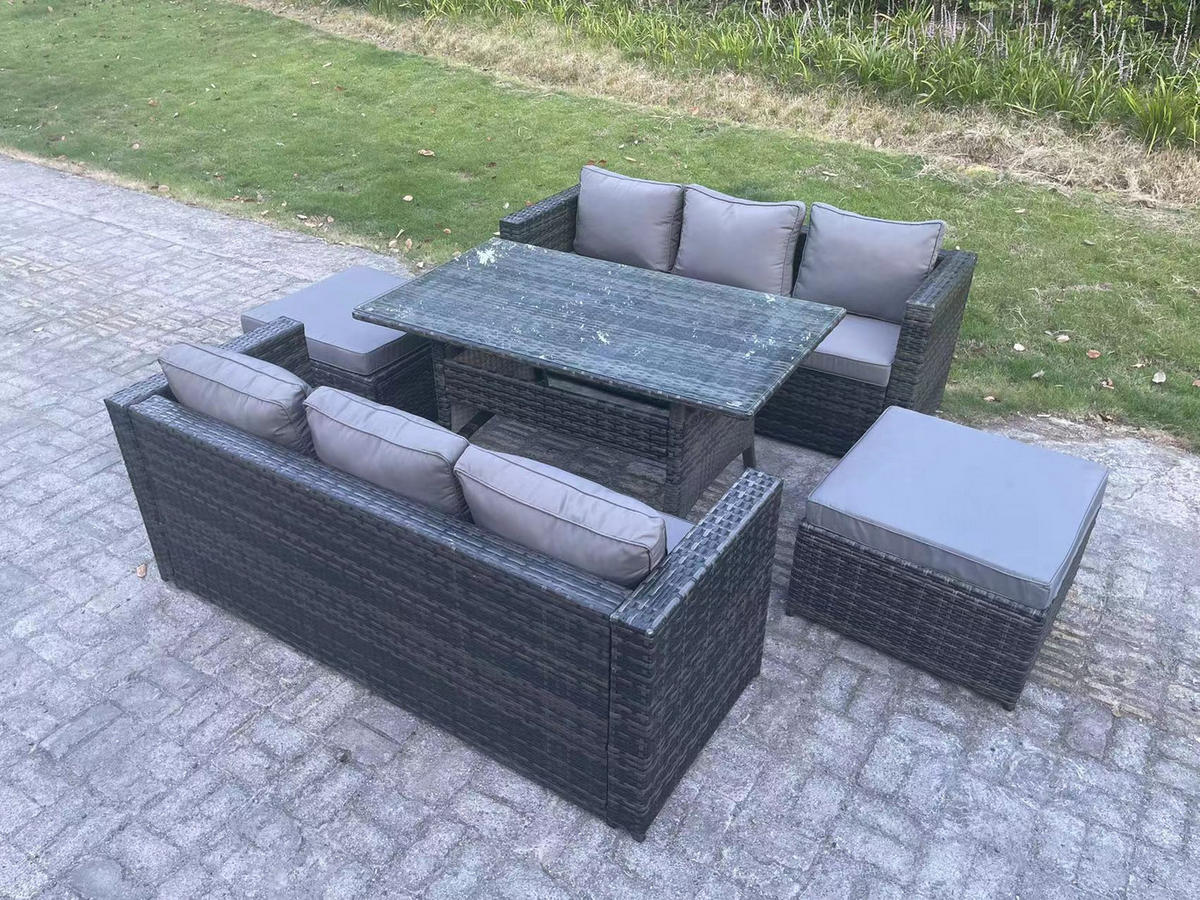 LOUNGEGARNITUR mit Hockern Polyrattan Dunkelgrau 8-Sitzer - Dunkelgrau/Grau, Glas/Kunststoff - Fimous