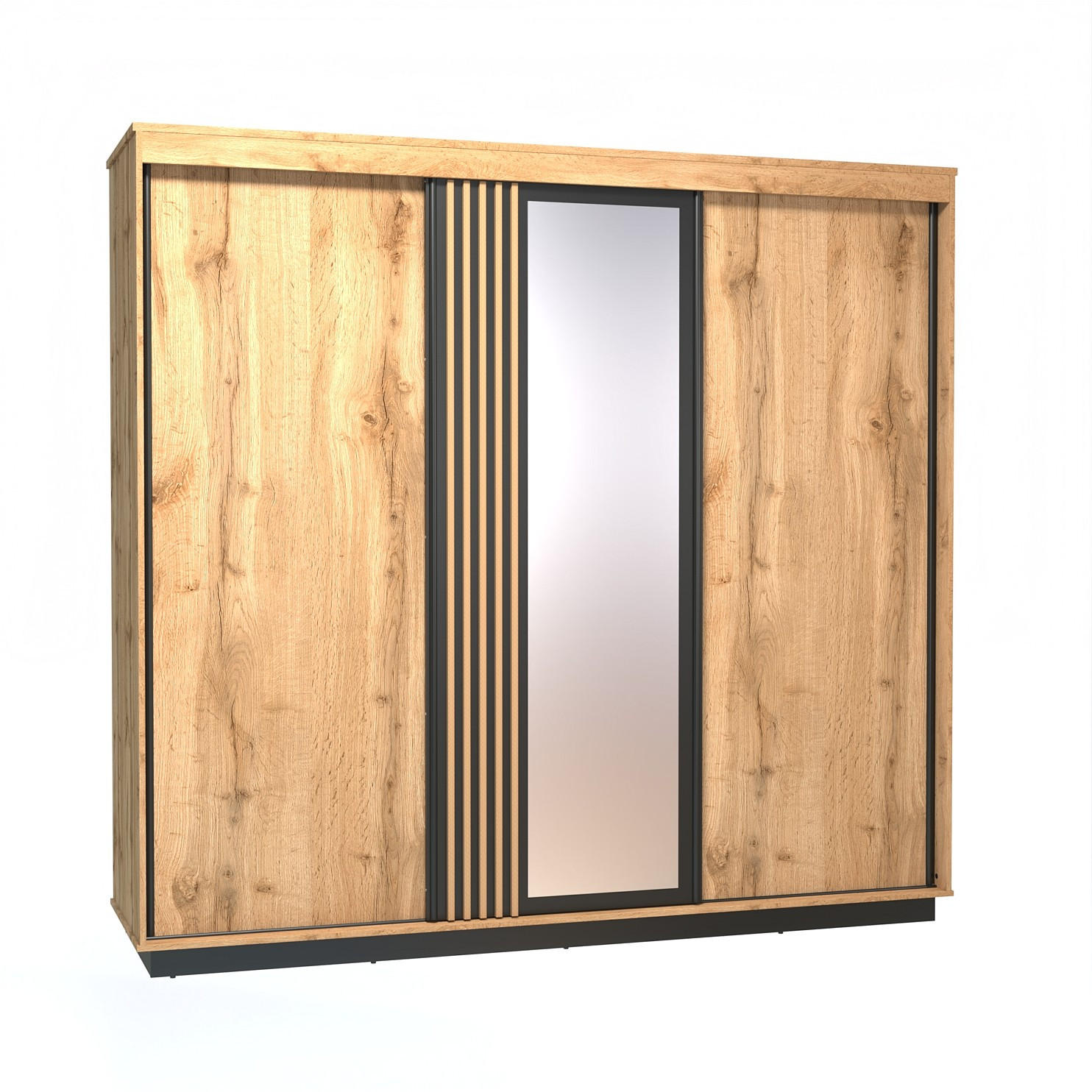 SCHWEBETÜRENSCHRANK KIMA 240/223,8/66cm 3-türig mit Spiegel Eiche Wotan - Eiche Wotan, Holzwerkstoff (240/223.8/66cm) - MASSENO