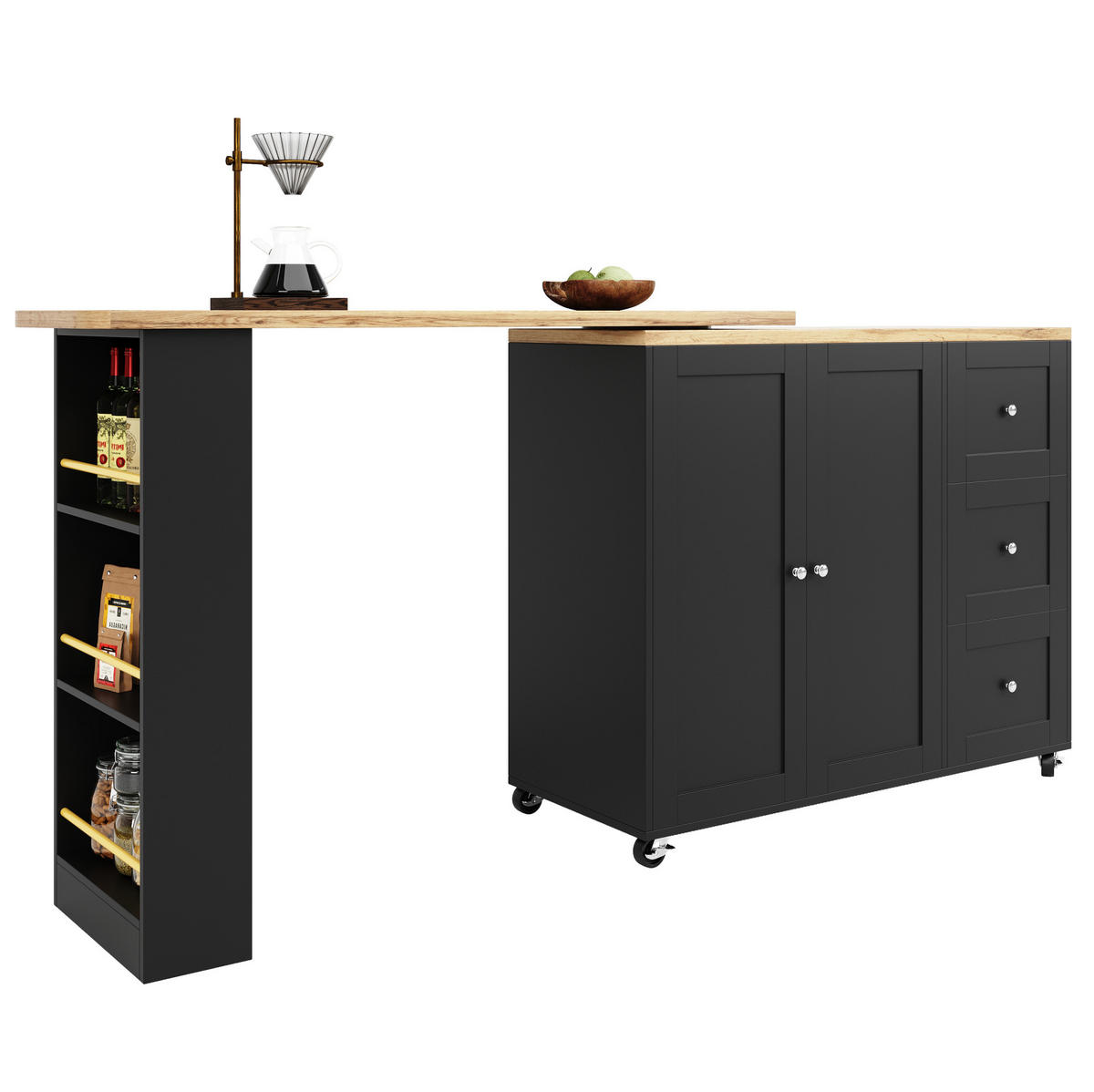 BARTISCH ausziehbar 135-203x39x106cm Schwarz 360°drehbar mit Rollen - Schwarz, Holzwerkstoff (203/106/39cm) - Modfu