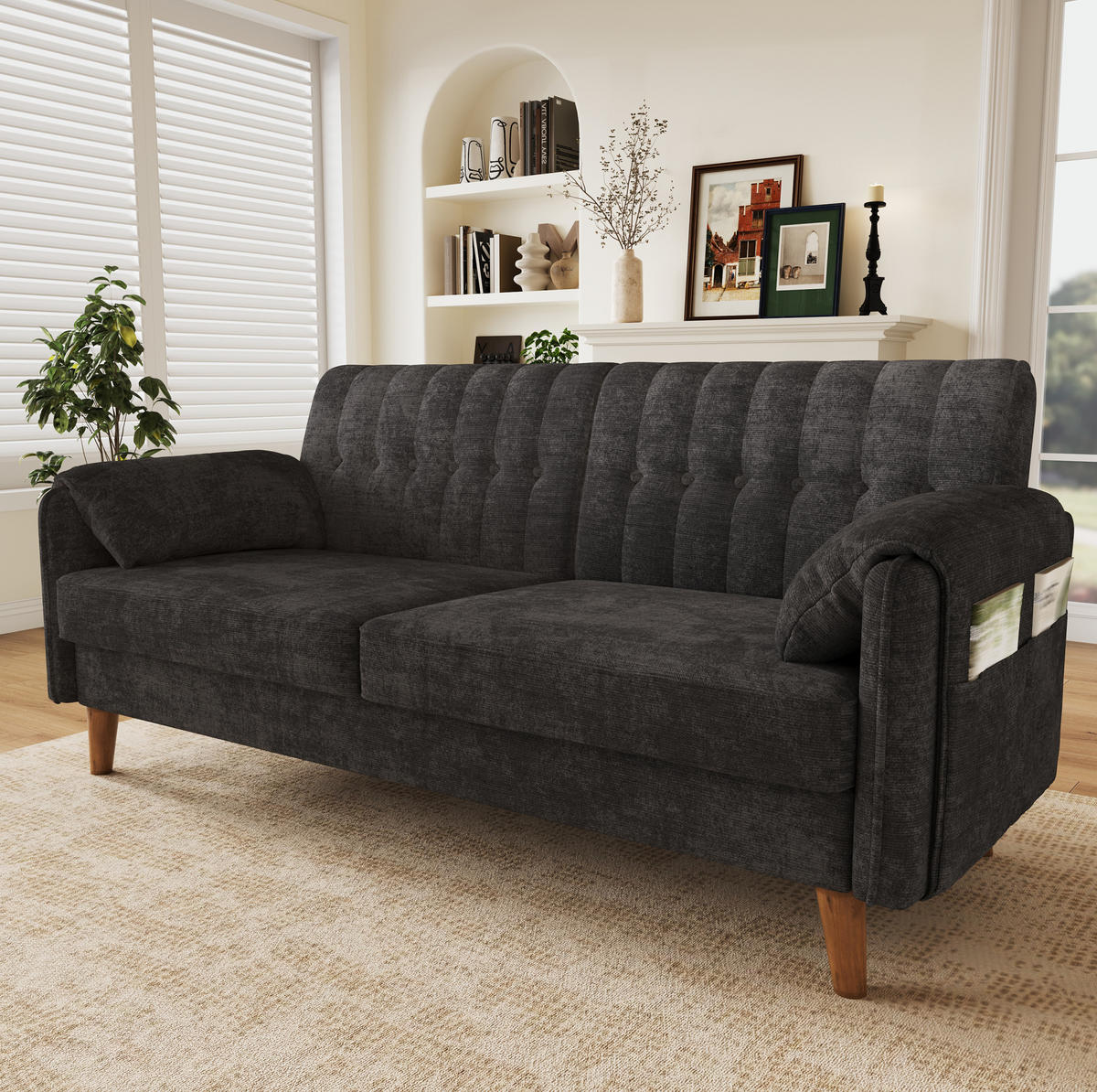 SOFA 161,5/79/83,5 cm in Dunkelgrau aus Chenille mit Armlehnenkissen - Anthrazit, Textil (79/83.5/161.5cm) - Flora Grace