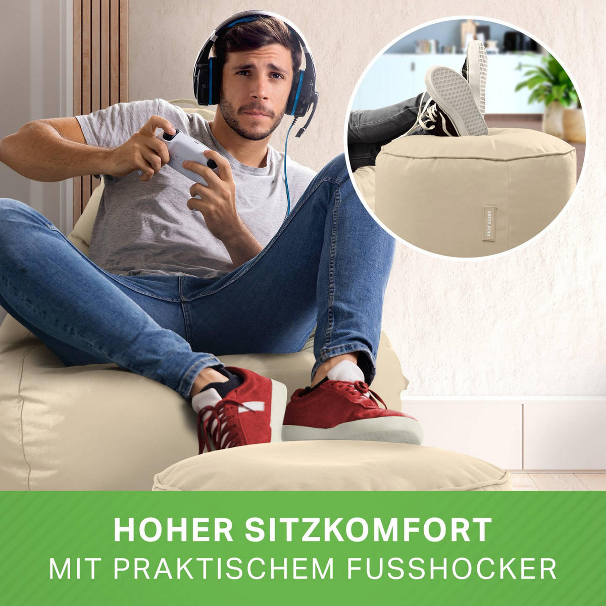 SITZSACK + Hocker "Cozy+Stay" 2er Set - Beige, Textil (70/90/80cm) - Green Bean