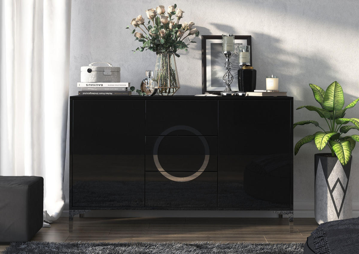 SIDEBOARD Eva, Schwarz, Silberne Akzente, Hochglanz - Schwarz Hochglanz/Silberfarben, Holzwerkstoff/Metall (138/83/38cm) - Kayani