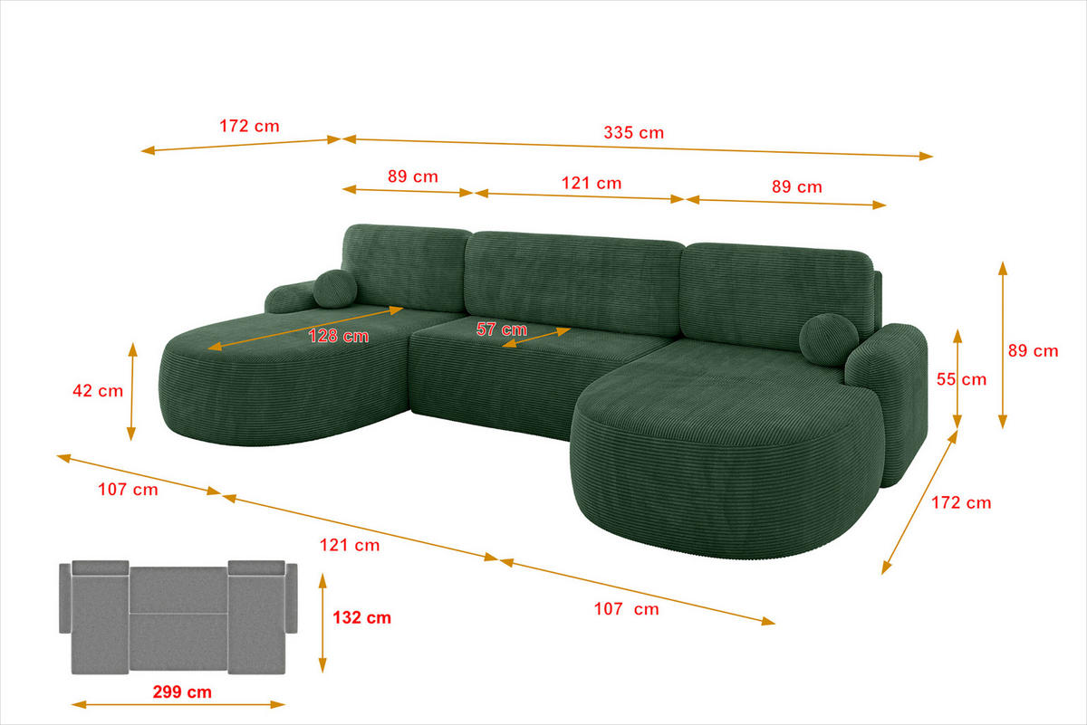 WOHNLANDSCHAFT mit Schlaffunktion und Bettkasten LIRA-U - 335x172x89 Grün - Hellgrün, Holzwerkstoff/Textil (335/89/172cm) - ALTDECOR