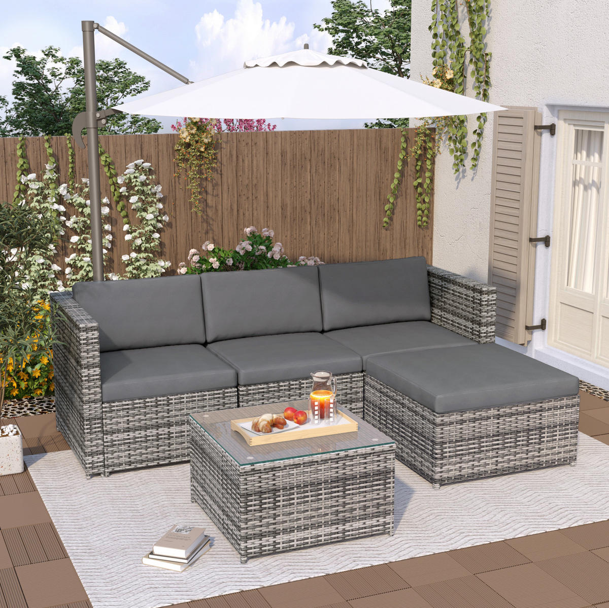GARTENLOUNGE 196/136/67 cm grau aus Polyrattan und Stahl mit Kissen und Glastisch - Grau, Metall - OKWISH
