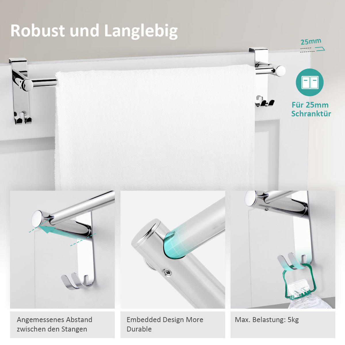 HANDTUCHHALTER Ohne Bohren Edelstahl Glanzchrom 63 cm - Chromfarben, Metall (2.5/2.5/66cm) - EMKE