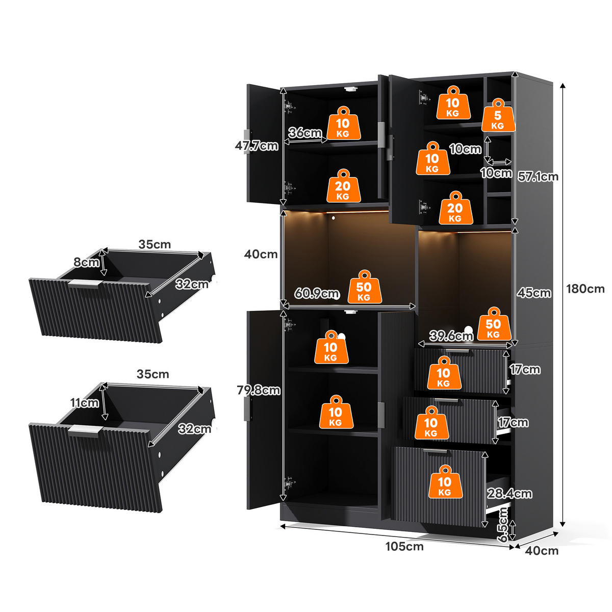 BUFFET 105/40/180 cm Schwarz mit 3 Schubladen, Weinregal und farbwechselnder LED-Beleuchtung - Schwarz, Holz (105/180/40cm) - Oxeza