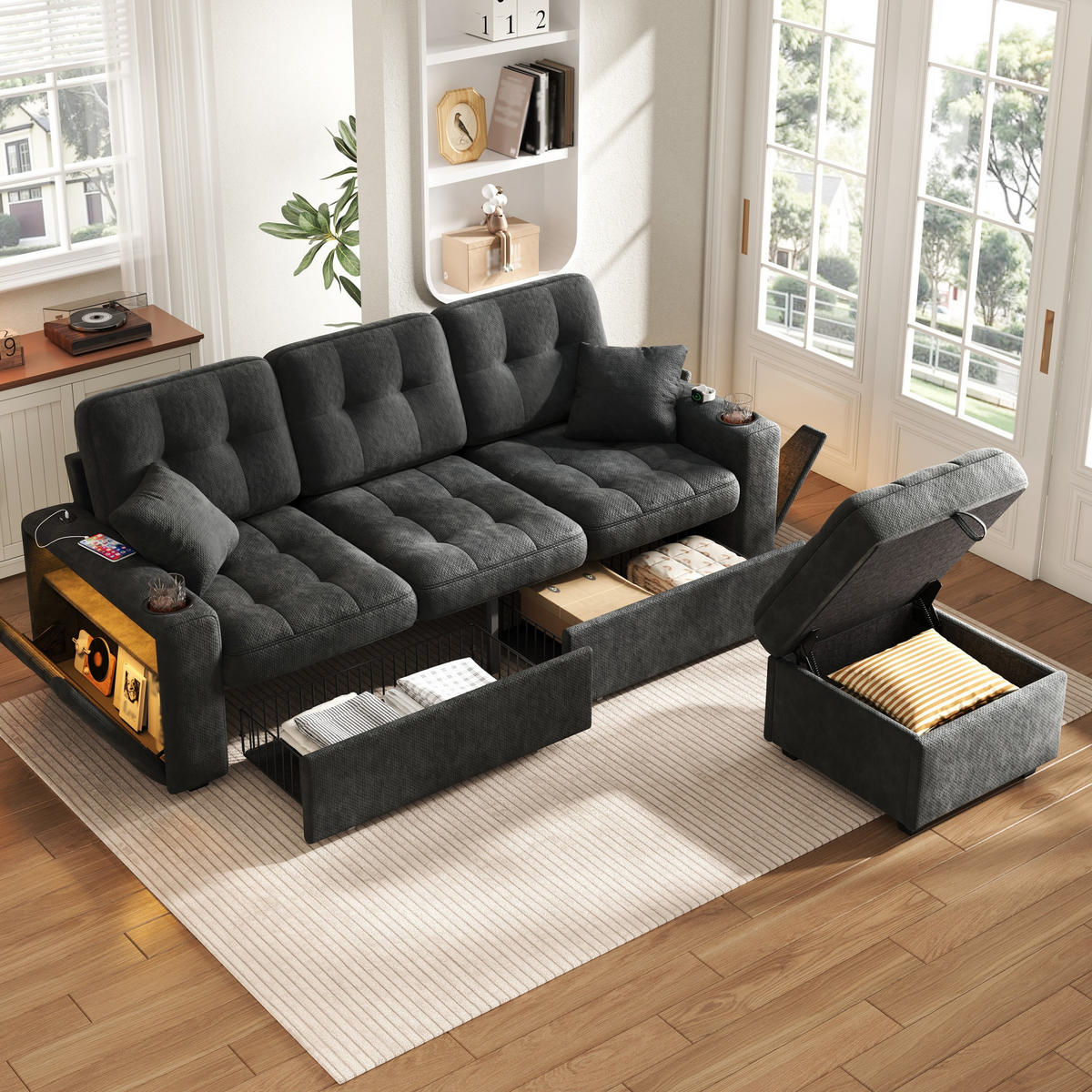 BIGSOFA mit Stauraum-Hocker, USB-C, LED und Becherhaltern aus Chenille - Schwarz, Textil (194.5/83/133cm) - EVRYAE