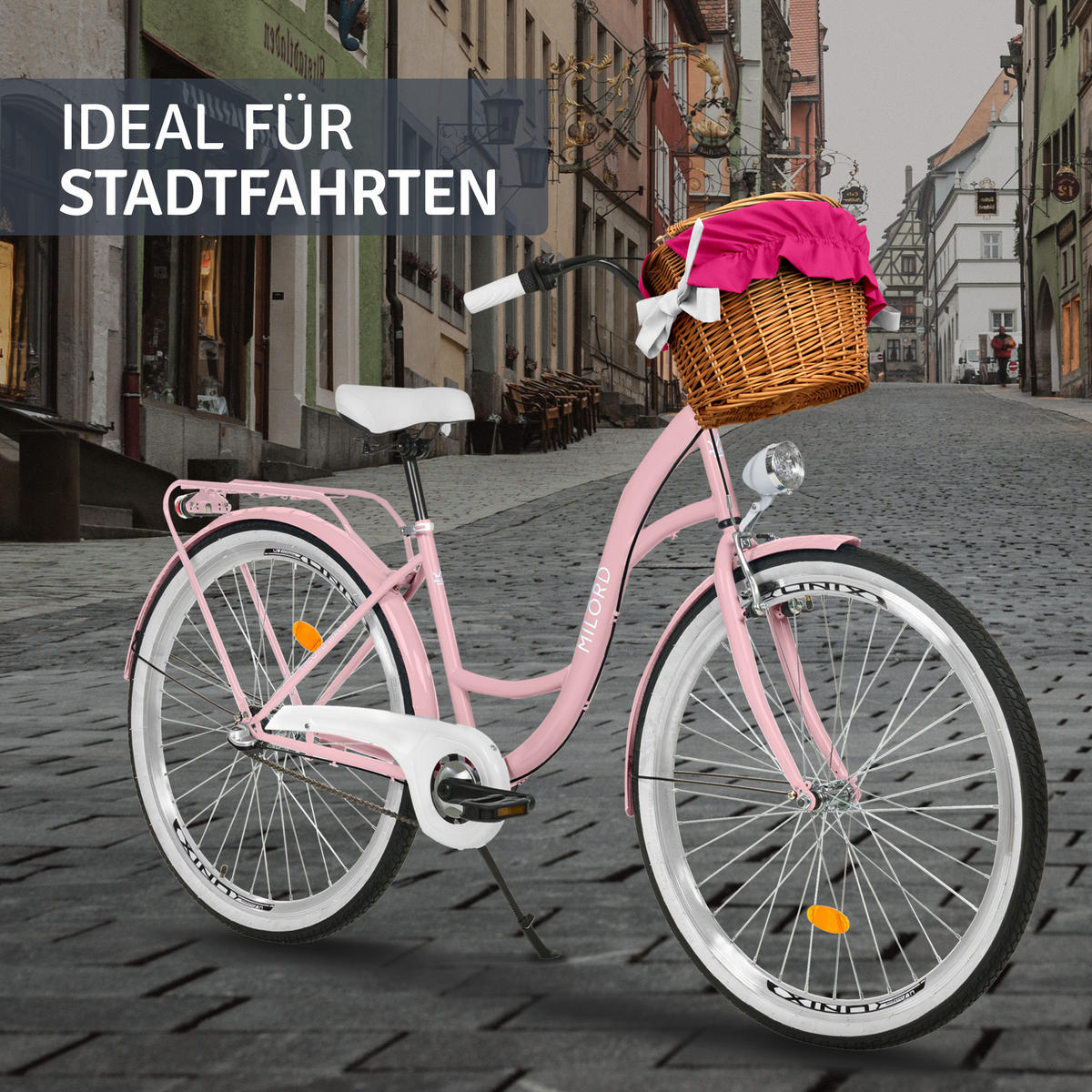 CITY-FAHRRAD Milord mit Weidenkorb, 28 Zoll, Rosa, 3-Gang - Pink, Metall (46cm) - Milordbikes