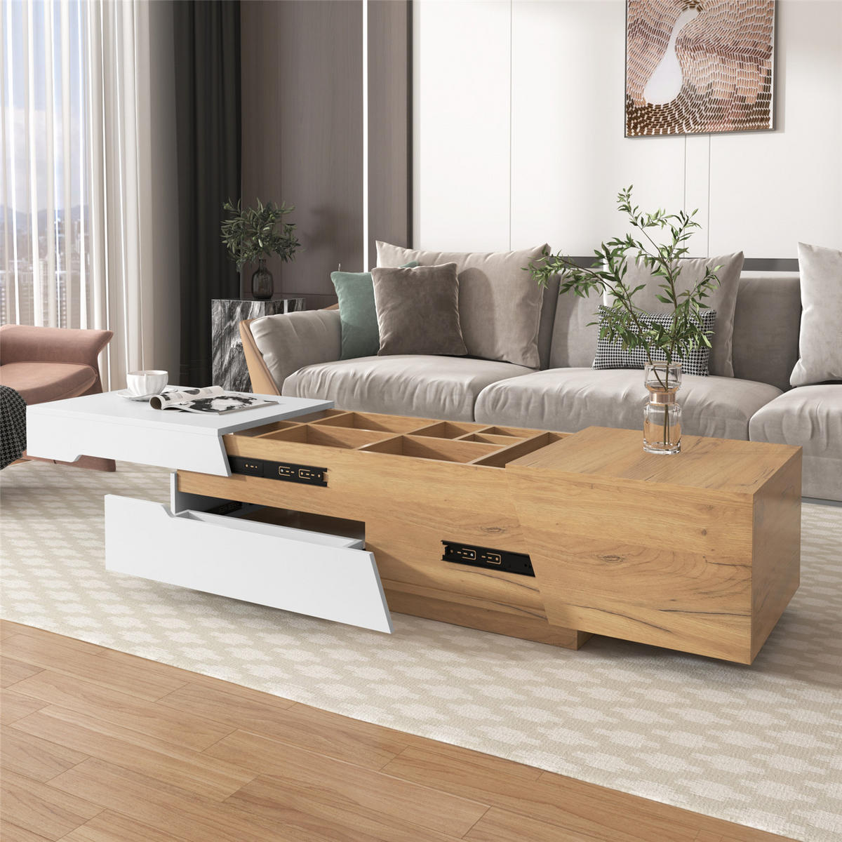 COUCHTISCH 120x50x37,5 Schubladen Farbblock Design - Weiß, Holz (120/50/37.5cm) - Kaket