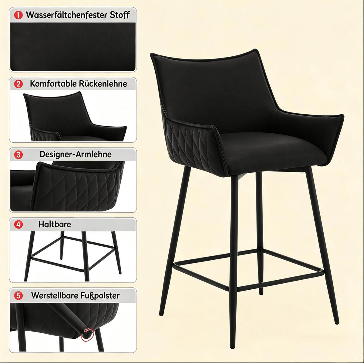 BARHOCKER mit Armlehnen 2er-Set 51 x 49 x 90 cm Anthrazit PU-Leder - Braun, Metall (49/90/51cm) - Meubliv