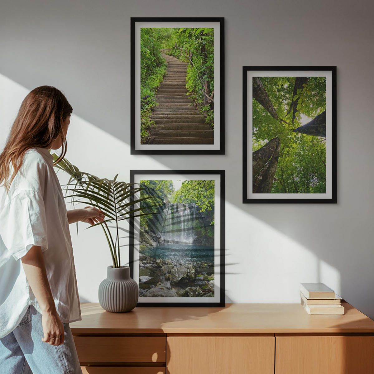 BILDER SET 3er Set - 40x60 cm Schwarzer Rahmen - Pfad Wald Wasserfall Vegetation - Schwarz, Kunststoff (40/60cm) - TULUP